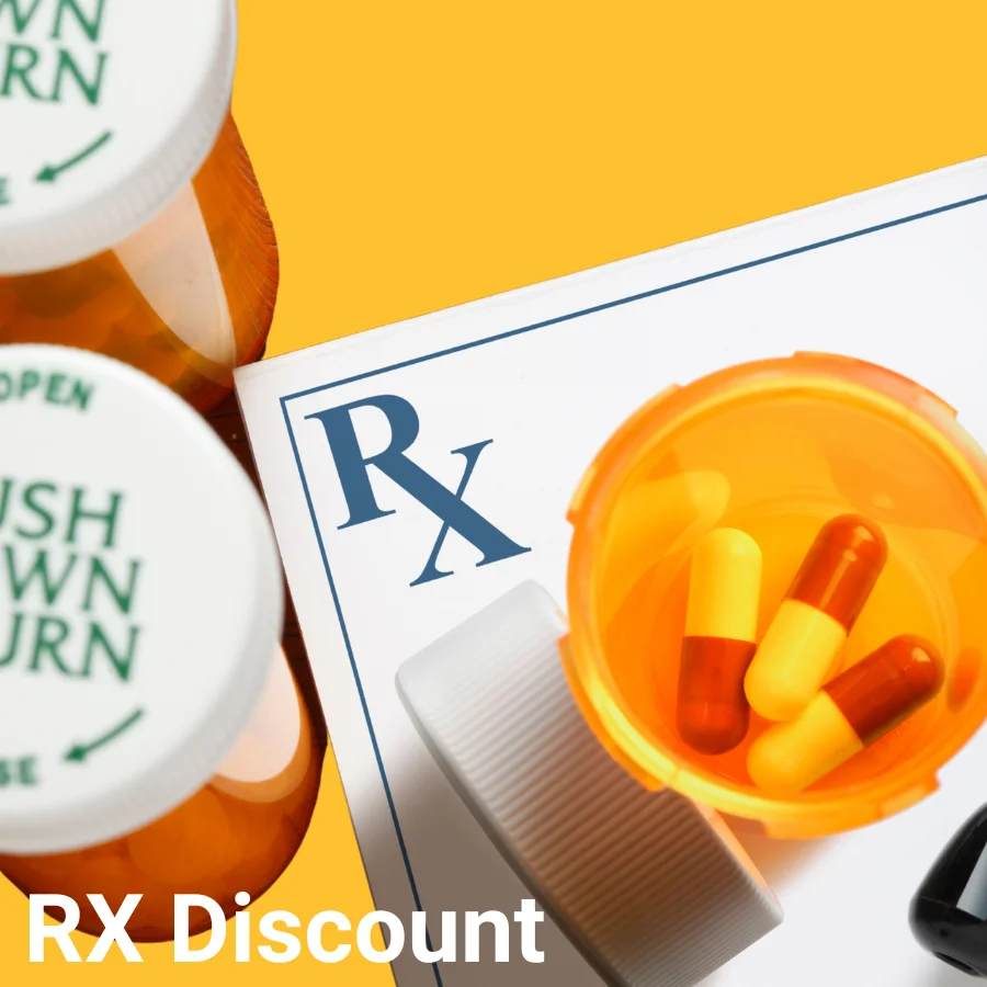 Independa RX Discount feature — prescription bottles and medication pills