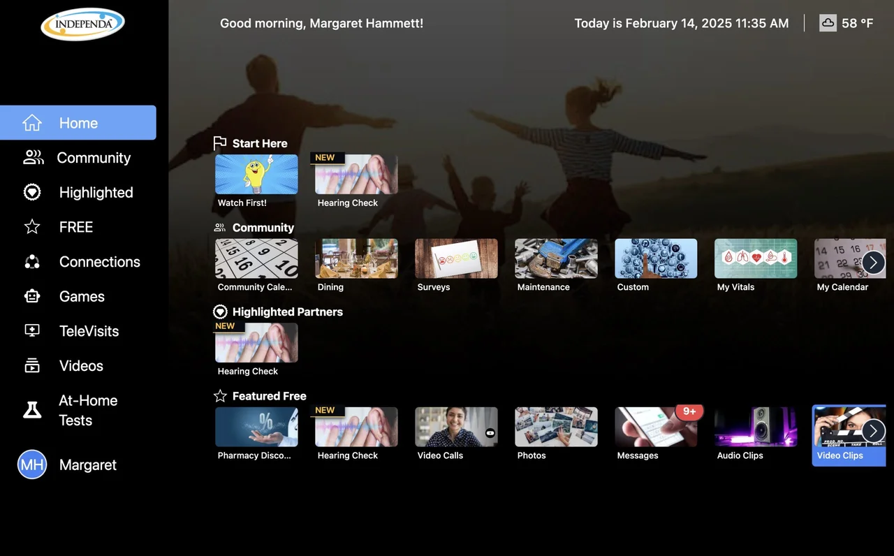 Independa Health Hub TV app showing wellness features, community tools, and health resources for seniors living independently