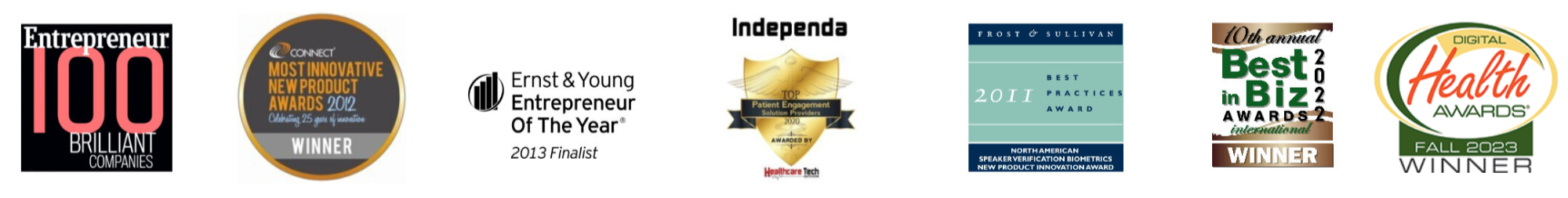 Independa award badges: Entrepreneur 100 Brilliant Companies, Connect Most Innovative New Product 2022, EY Entrepreneur of the Year 2013 Finalist, Frost & Sullivan Best Practices 2011, Best in Biz Awards 2022, Digital Health Awards Fall 2023