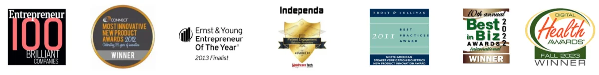 Independa award badges: Entrepreneur 100 Brilliant Companies, Connect Most Innovative New Product 2022, EY Entrepreneur of the Year 2013 Finalist, Frost & Sullivan Best Practices 2011, Best in Biz Awards 2022, Digital Health Awards Fall 2023